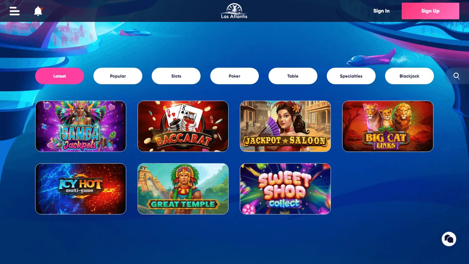 Las Atlantis Casino desktop games screen