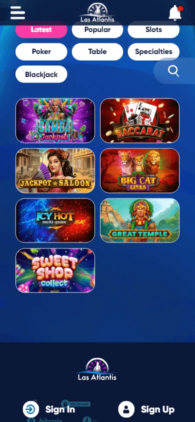 Las Atlantis Casino mobile games screen